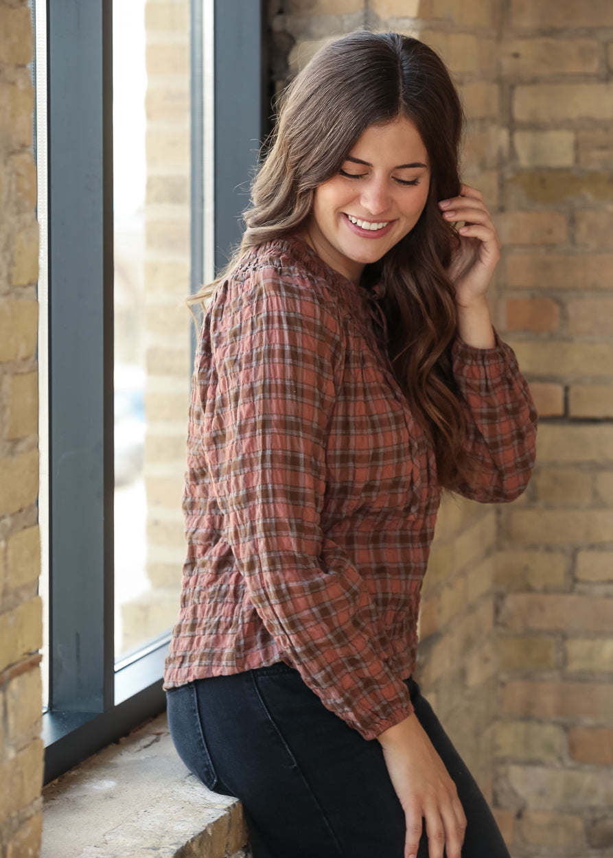 Plaid Shirred Front Tie Long Sleeve Top FF Tops