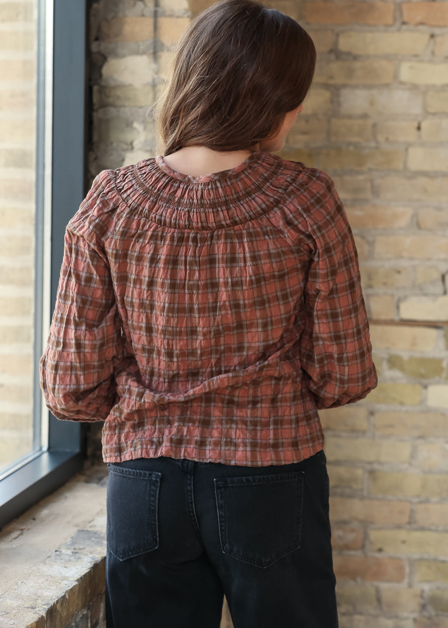 Plaid Shirred Front Tie Long Sleeve Top FF Tops