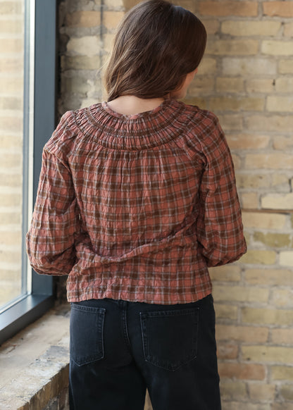 Plaid Shirred Front Tie Long Sleeve Top FF Tops