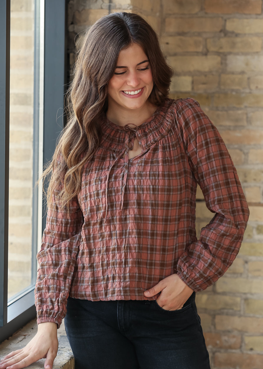 Plaid Shirred Front Tie Long Sleeve Top FF Tops S