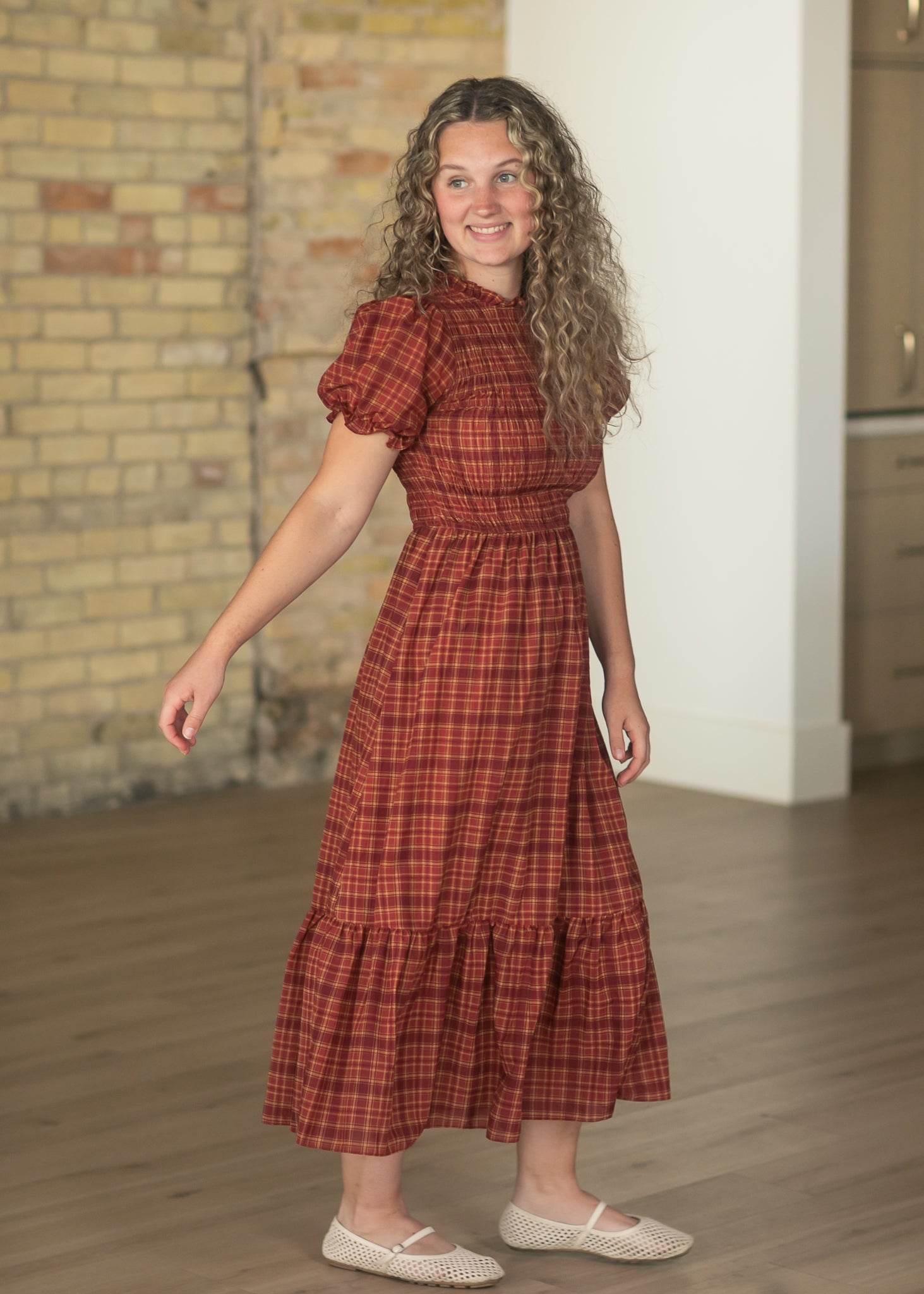 red tartan midi dress Plaid Short Puff Sleeve Midi Dress