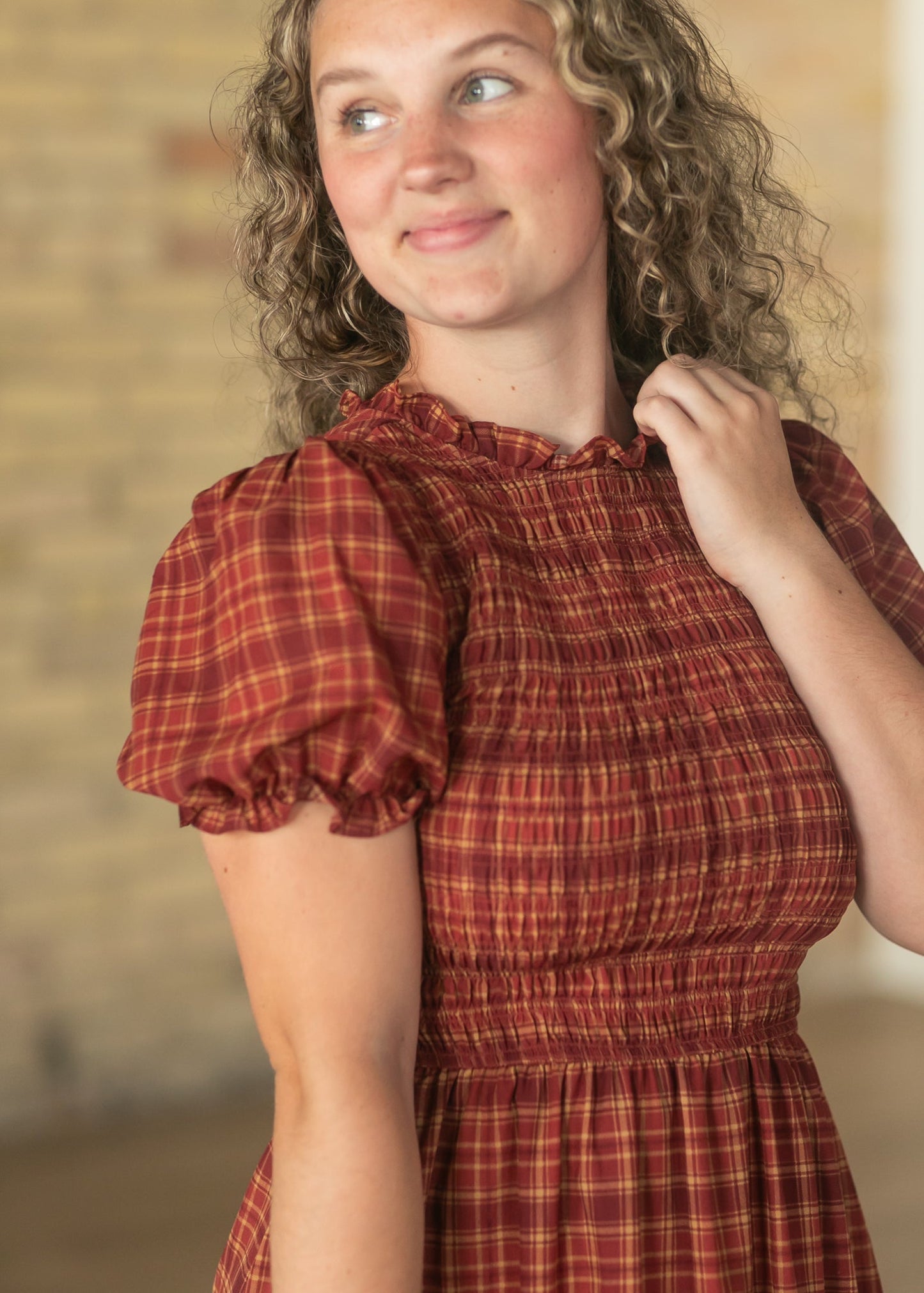 Plaid Short Puff Sleeve Midi Dress FF Dresses