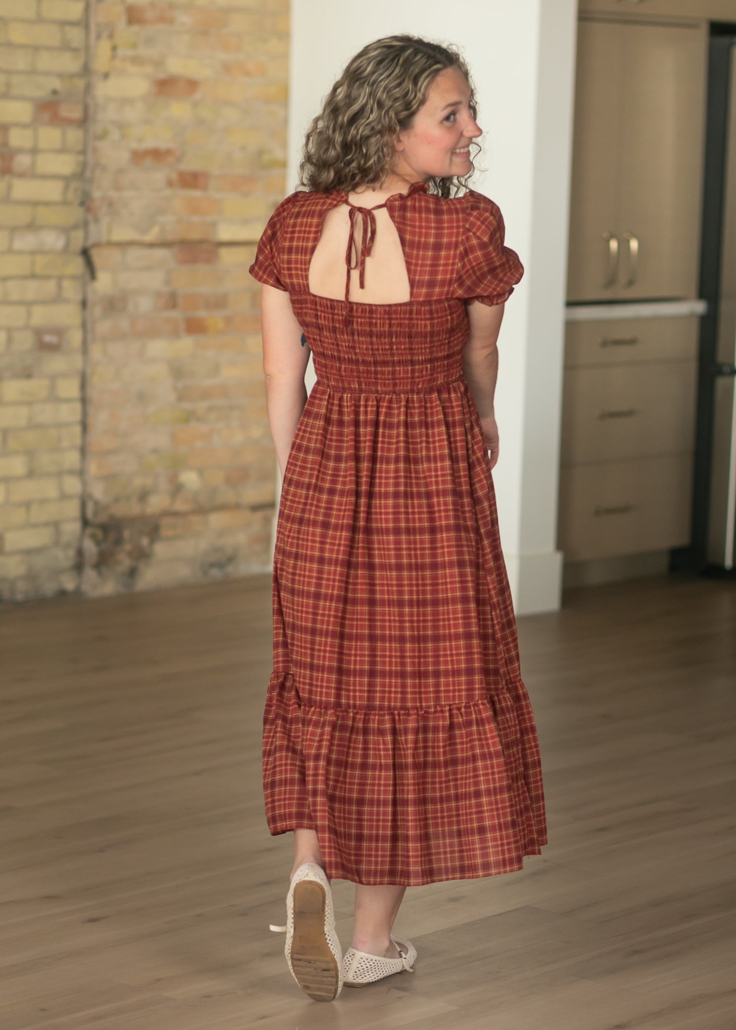 Plaid Short Puff Sleeve Midi Dress FF Dresses