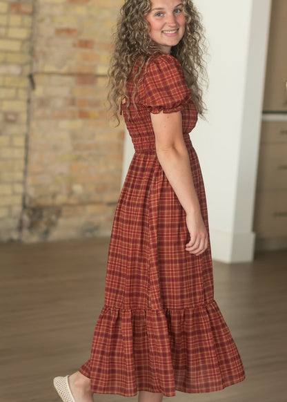 Plaid Short Puff Sleeve Midi Dress FF Dresses
