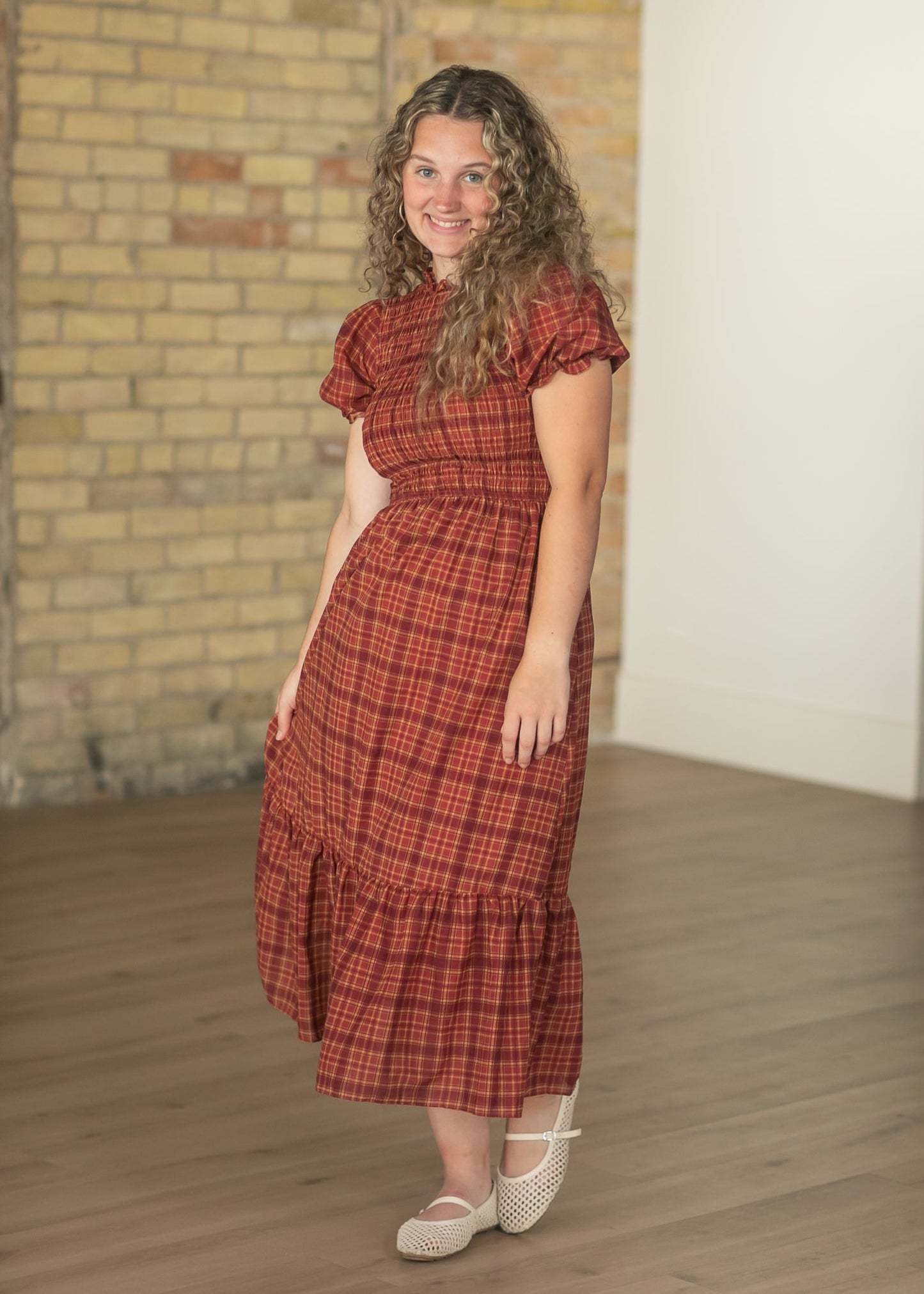 Plaid Short Puff Sleeve Midi Dress FF Dresses