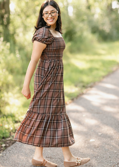 Plaid Smocked Cap Sleeve Midi Dress FF Dresses
