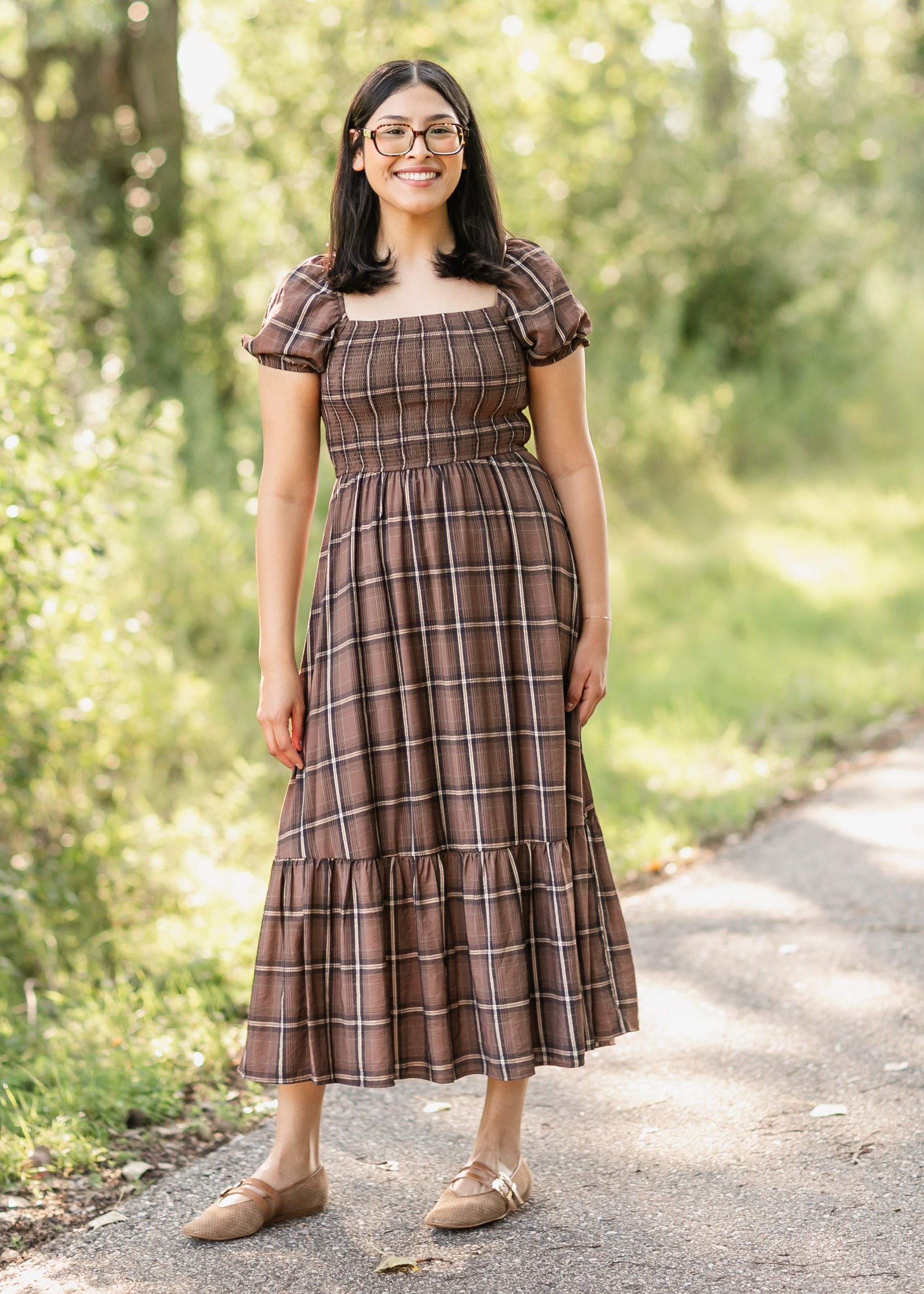 Plaid Smocked Cap Sleeve Midi Dress FF Dresses