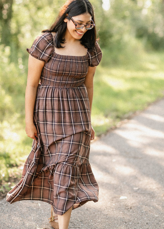 Plaid Smocked Cap Sleeve Midi Dress FF Dresses