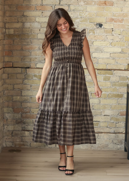 Plaid Smocked V-neck Ruffled Midi Dress FF Dresses