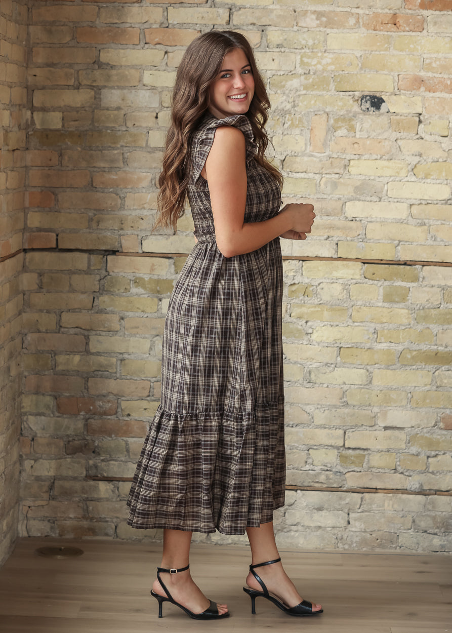 Plaid Smocked V-neck Ruffled Midi Dress FF Dresses