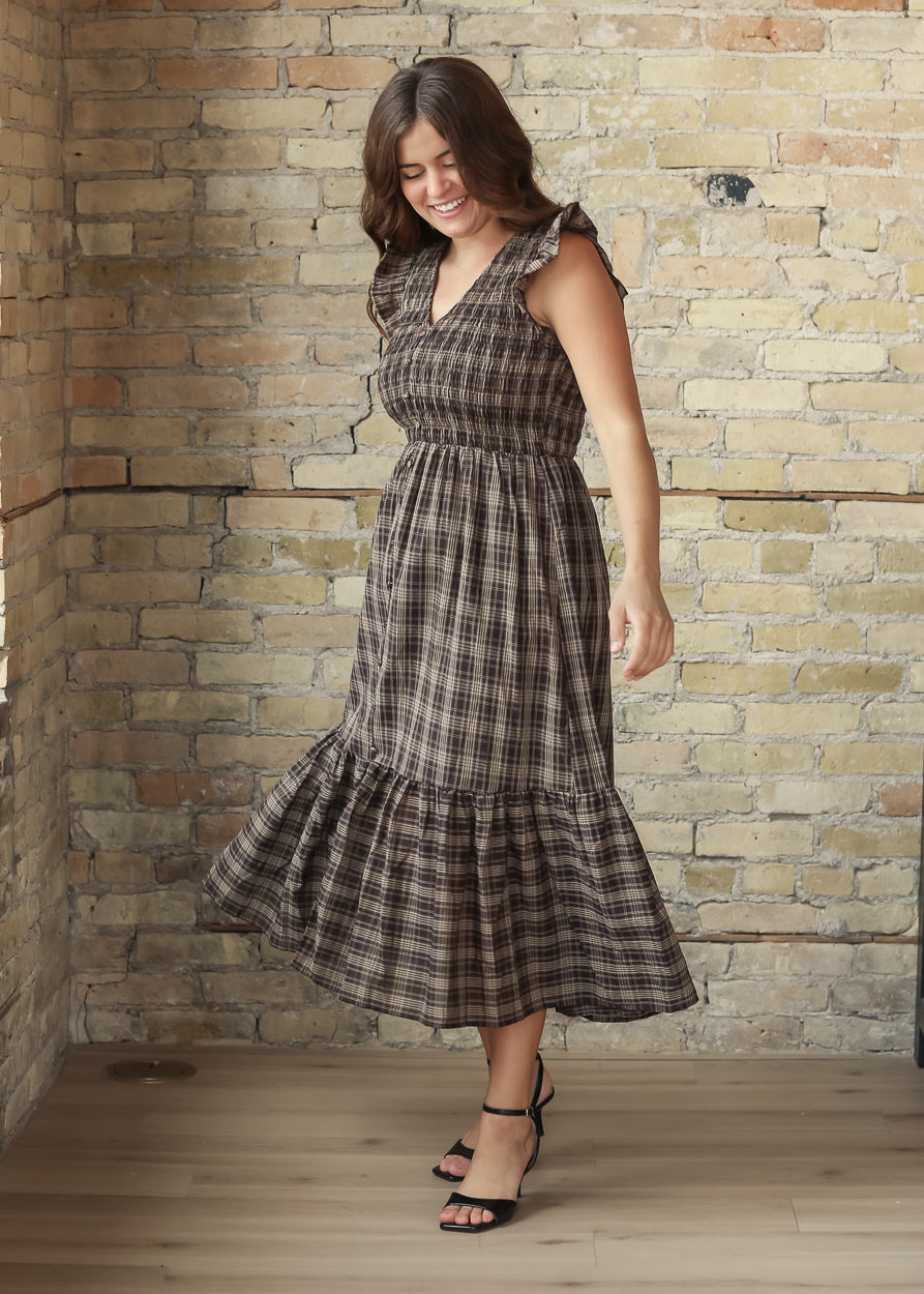 Plaid Smocked V-neck Ruffled Midi Dress FF Dresses