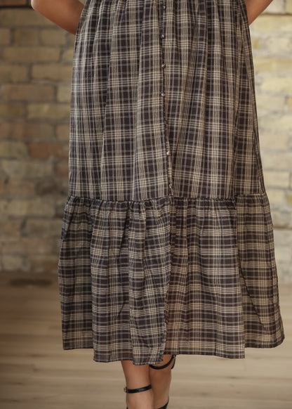 Plaid Smocked V-neck Ruffled Midi Dress FF Dresses