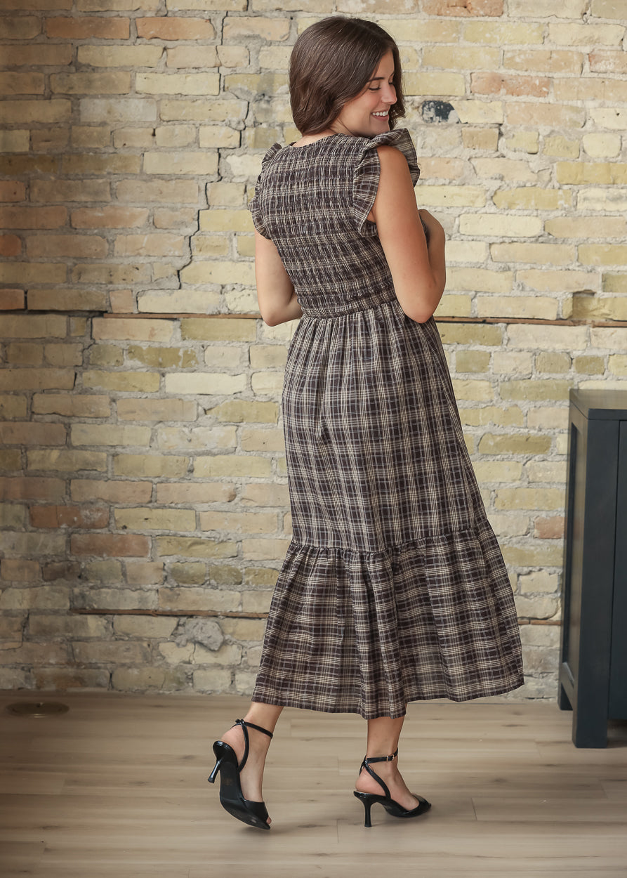 Plaid Smocked V-neck Ruffled Midi Dress FF Dresses