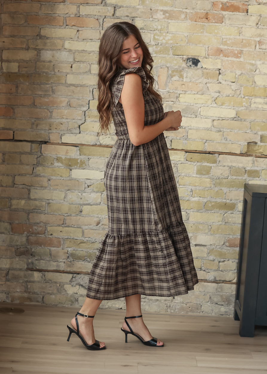 Plaid Smocked V-neck Ruffled Midi Dress FF Dresses