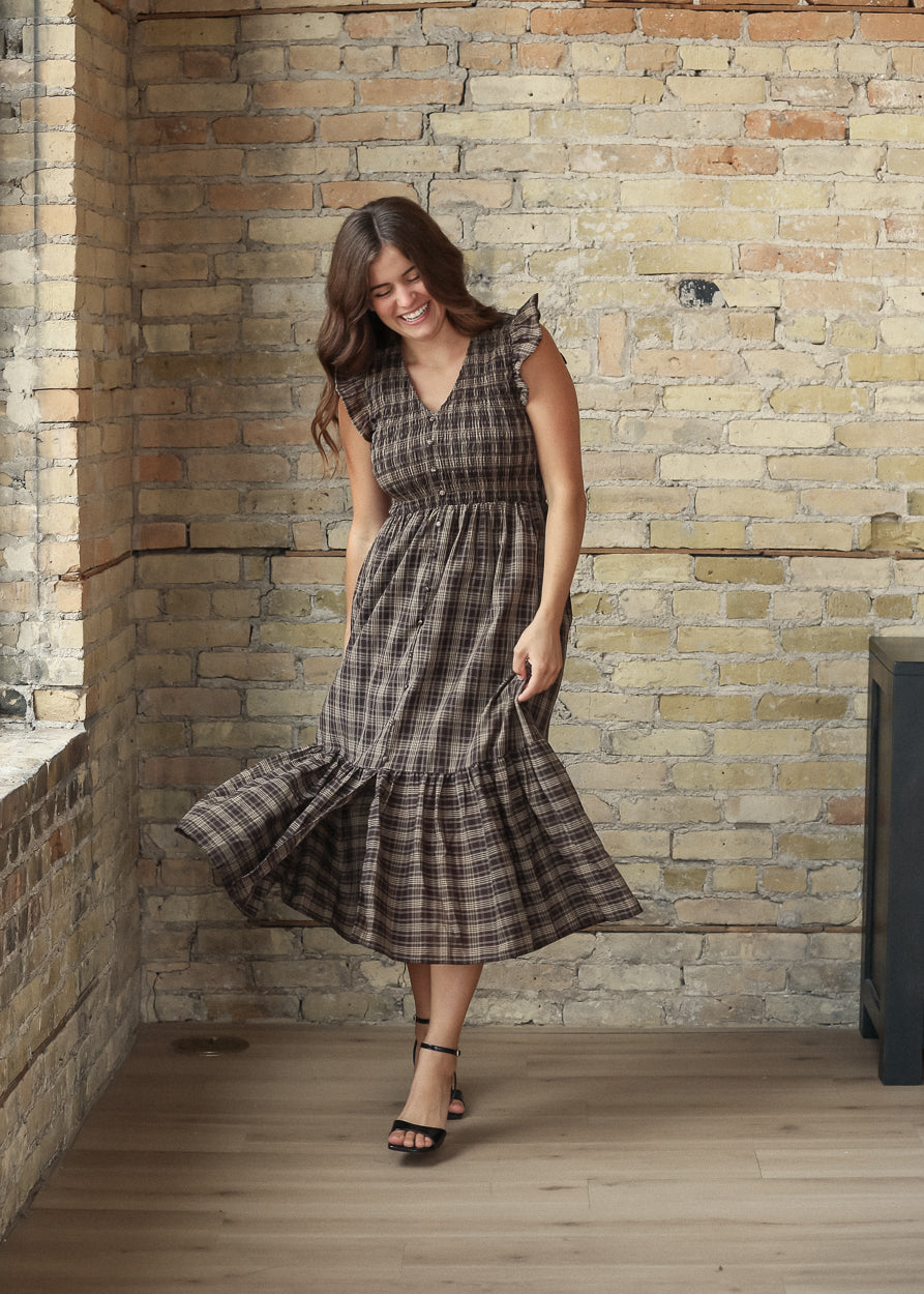 Plaid Smocked V-neck Ruffled Midi Dress FF Dresses S