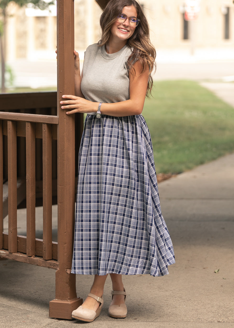 Plaid Terry Mixed Media Cap Sleeve Midi Dress FF Dresses