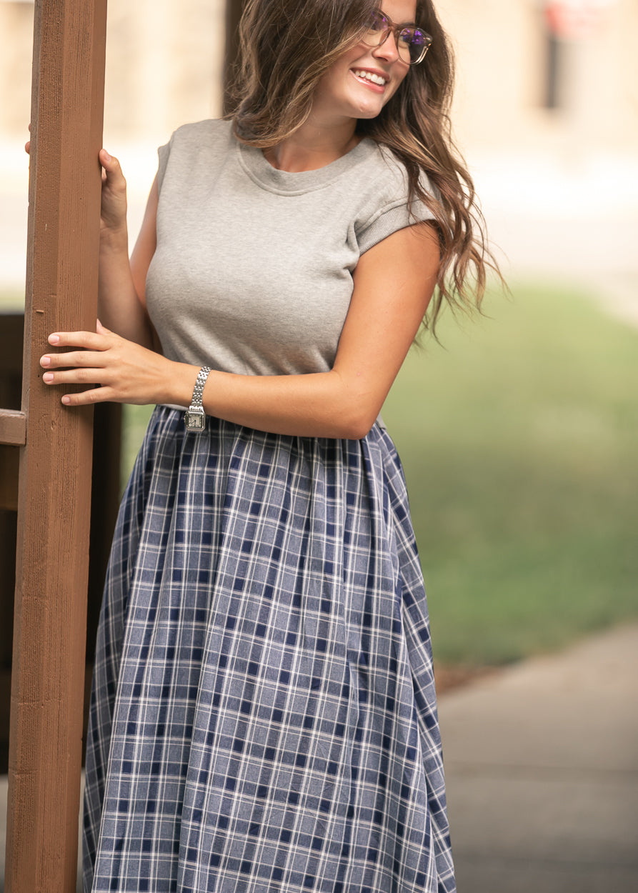 Plaid Terry Mixed Media Cap Sleeve Midi Dress FF Dresses