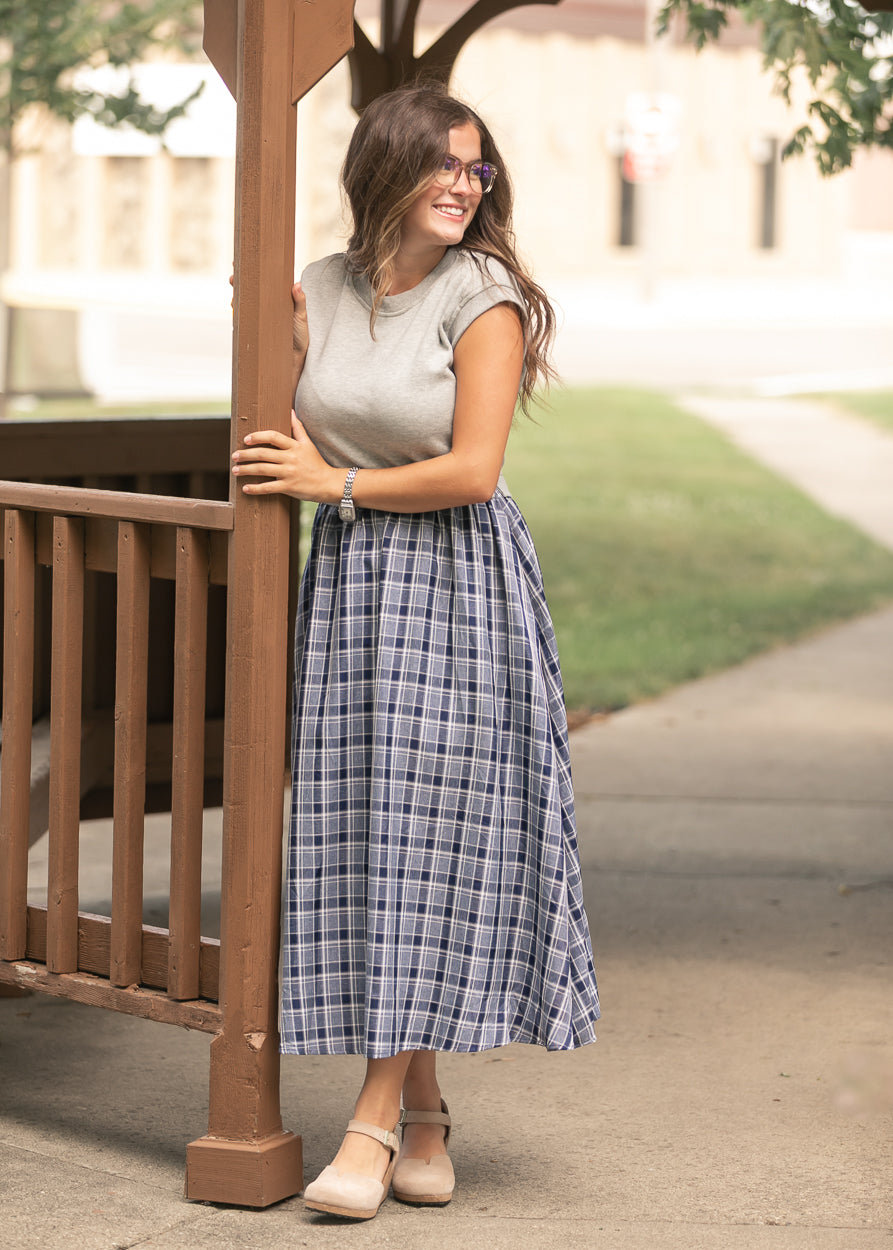 Plaid Terry Mixed Media Cap Sleeve Midi Dress FF Dresses