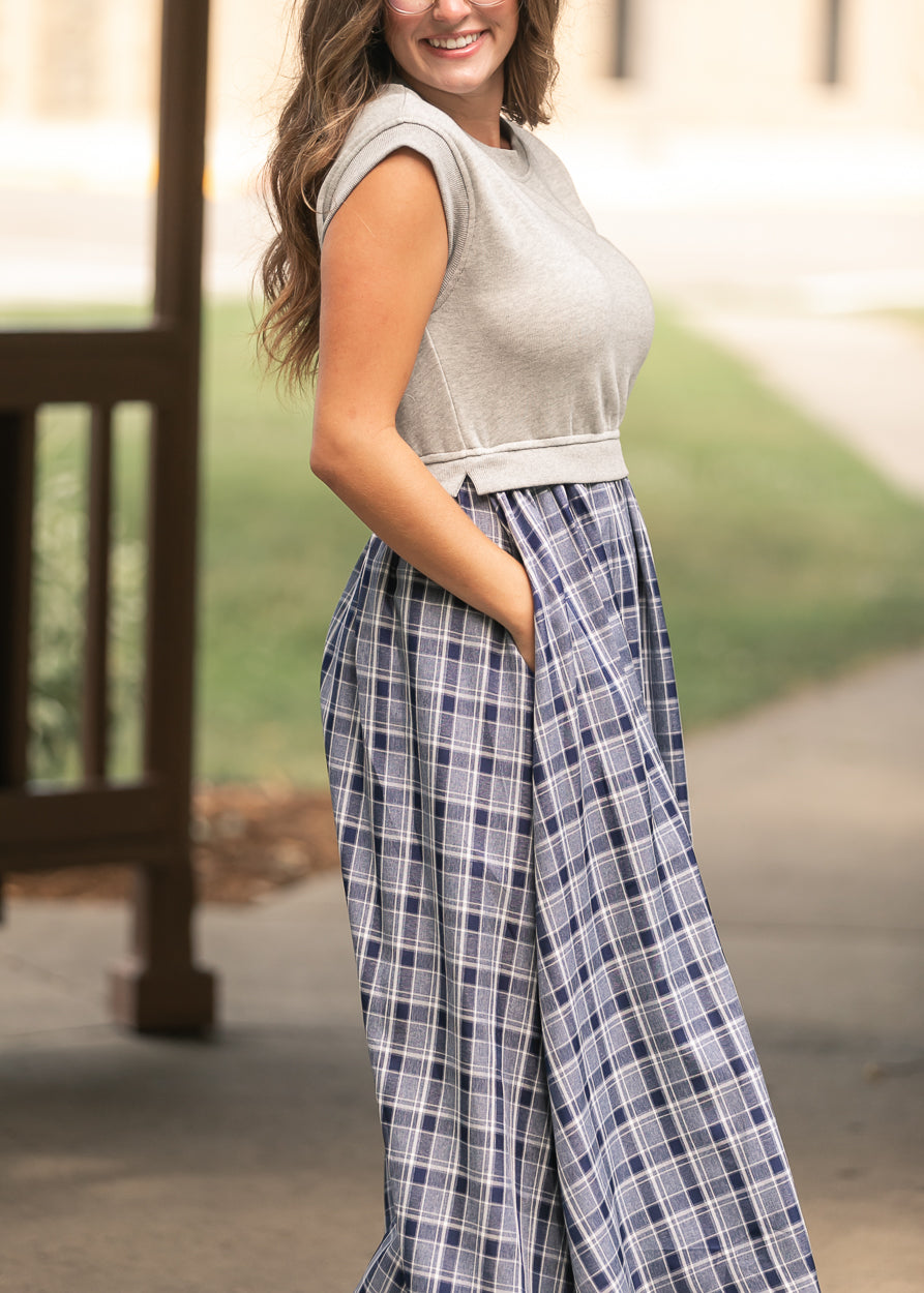Plaid Terry Mixed Media Cap Sleeve Midi Dress FF Dresses