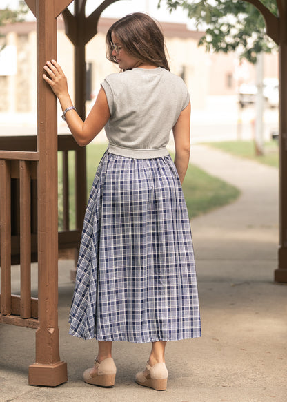Plaid Terry Mixed Media Cap Sleeve Midi Dress FF Dresses