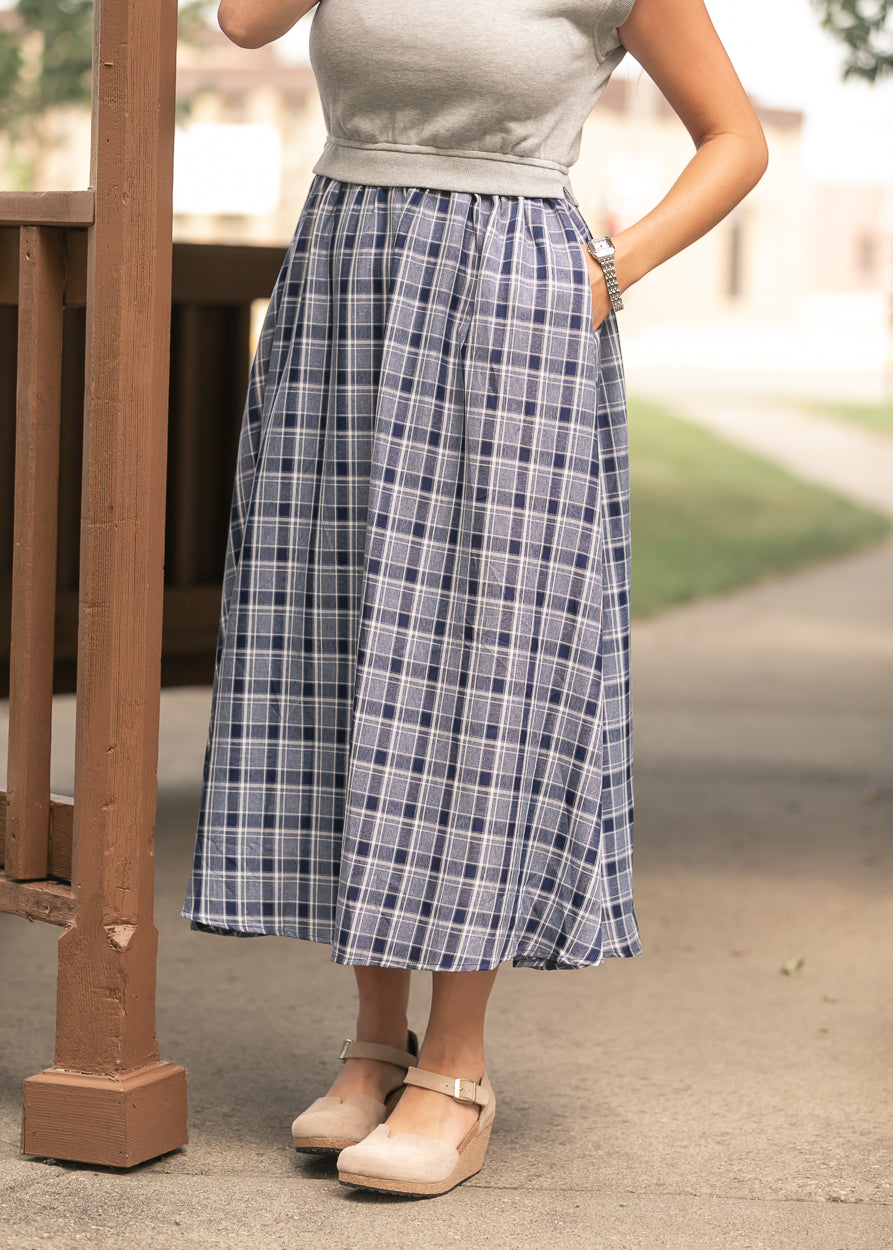 Plaid Terry Mixed Media Cap Sleeve Midi Dress FF Dresses