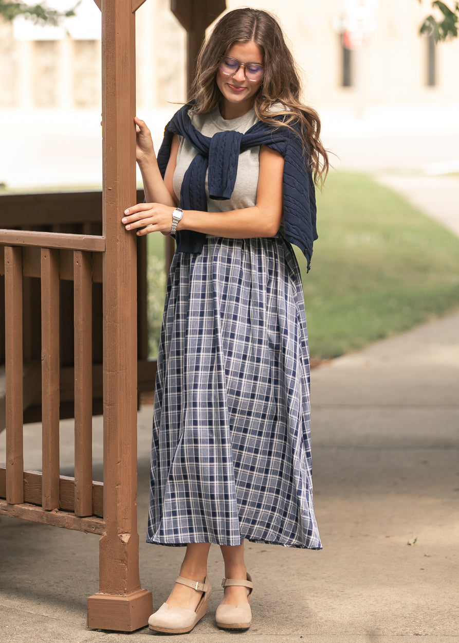 Plaid Terry Mixed Media Cap Sleeve Midi Dress FF Dresses