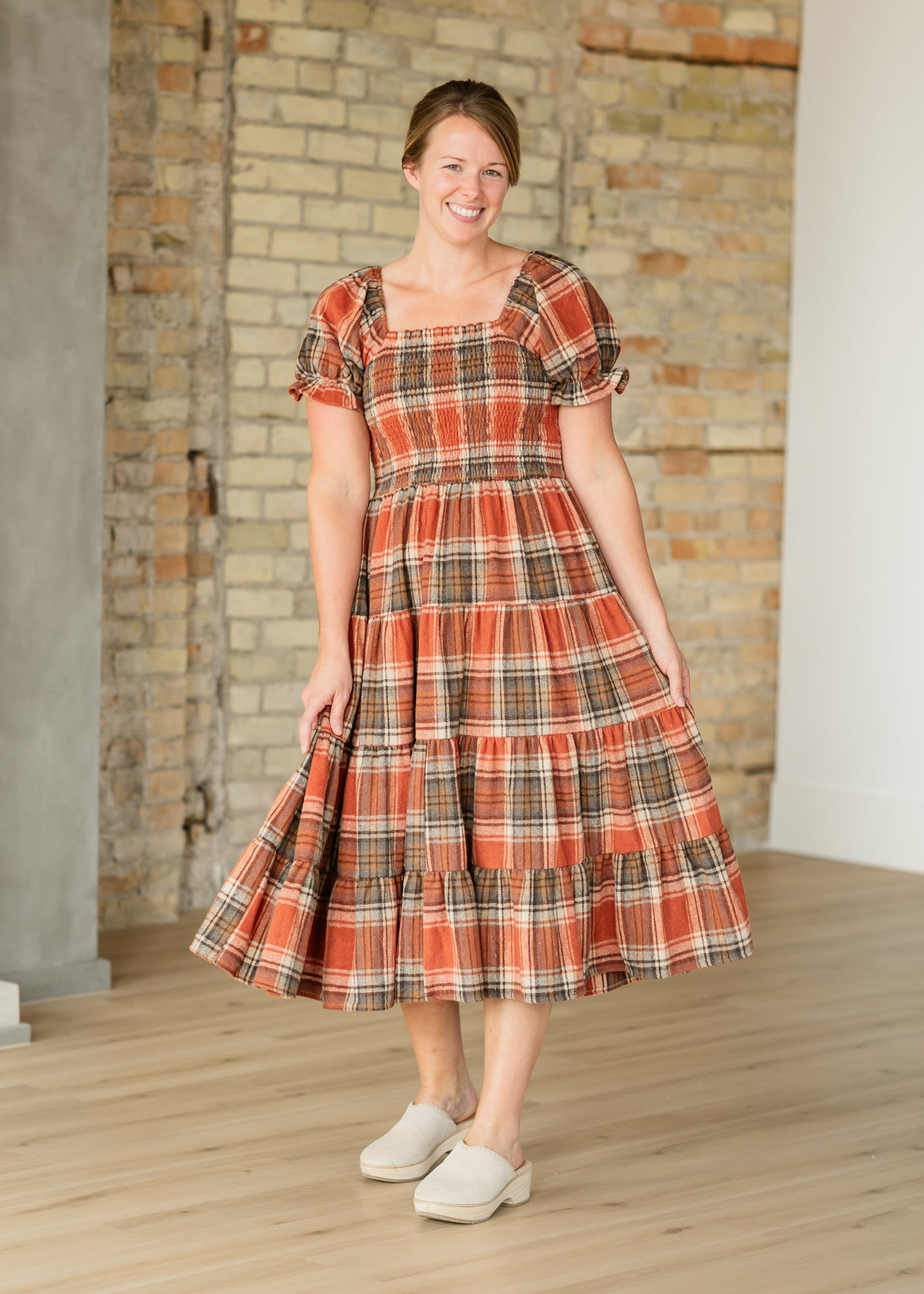 Plaid Smocked Tiered Short Sleeve Dress FINAL SALE – Inherit