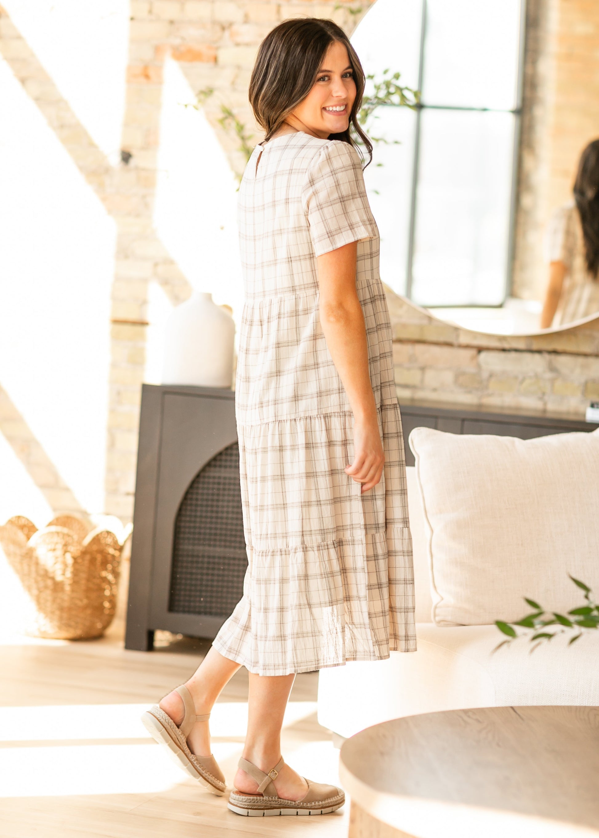 Plaid Tiered Short Sleeve Maxi Dress FF Dresses