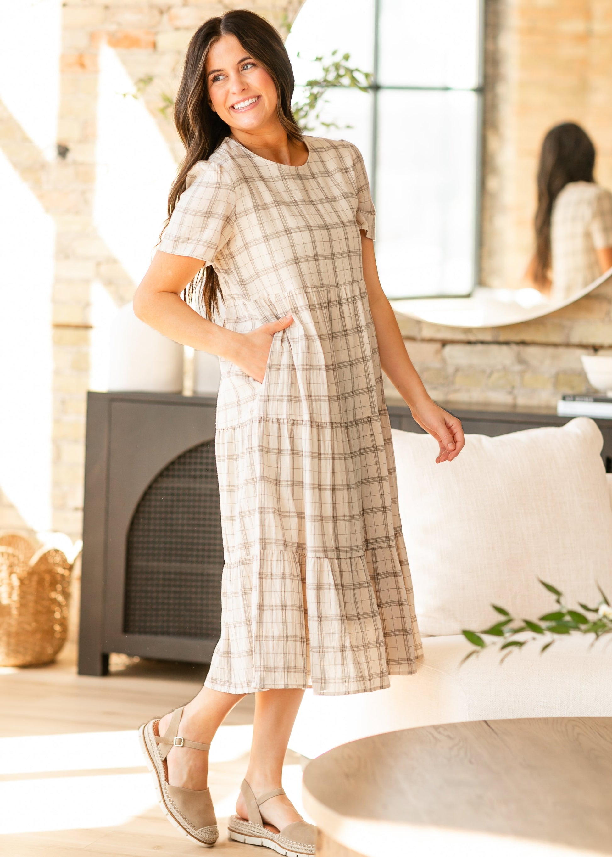Plaid Tiered Short Sleeve Maxi Dress FF Dresses