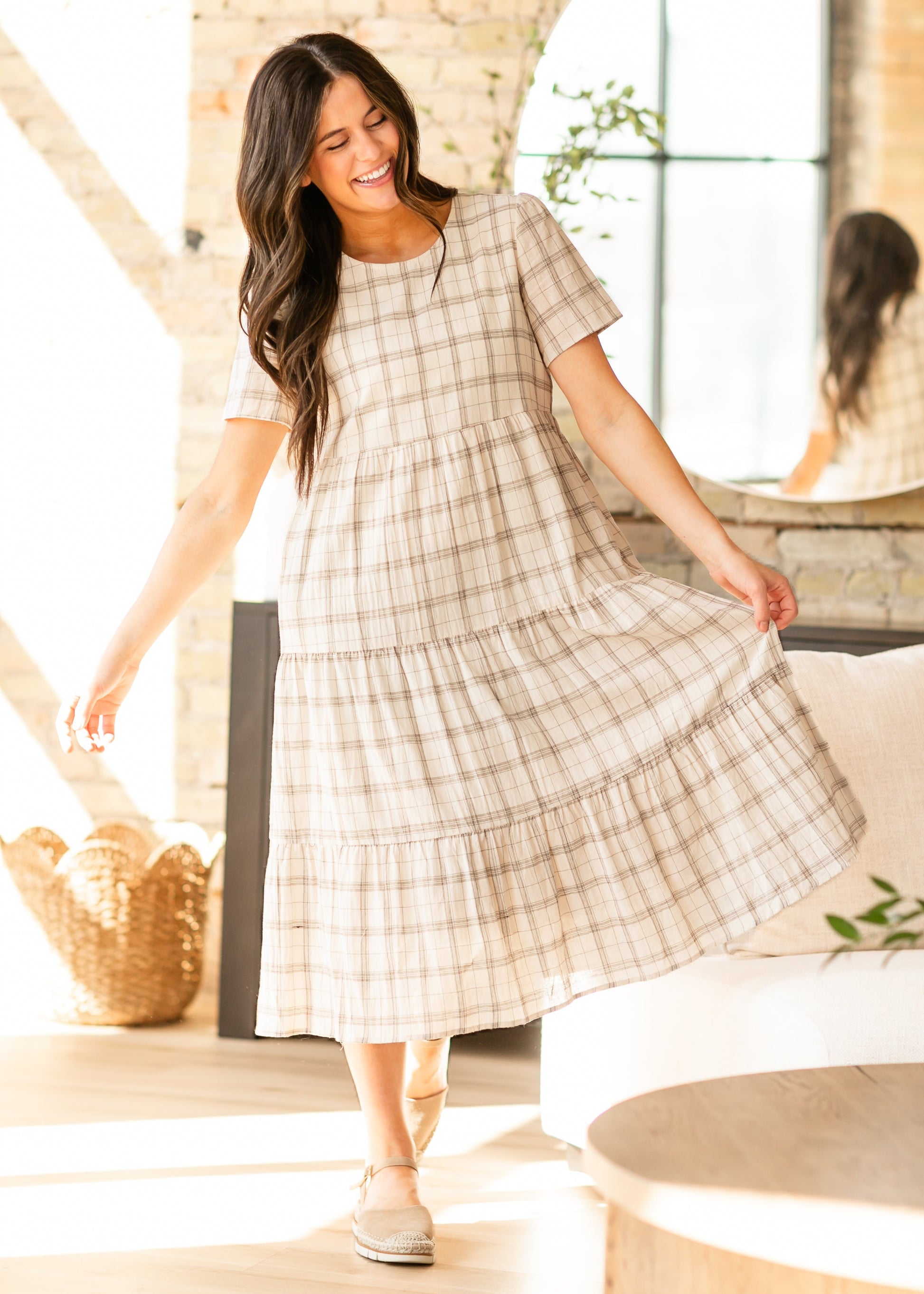 Plaid Tiered Short Sleeve Maxi Dress FF Dresses