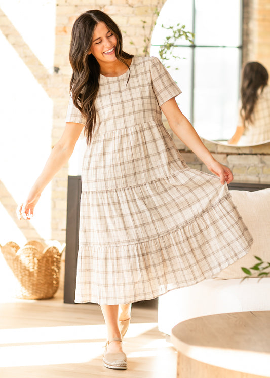 Plaid Tiered Short Sleeve Maxi Dress FF Dresses