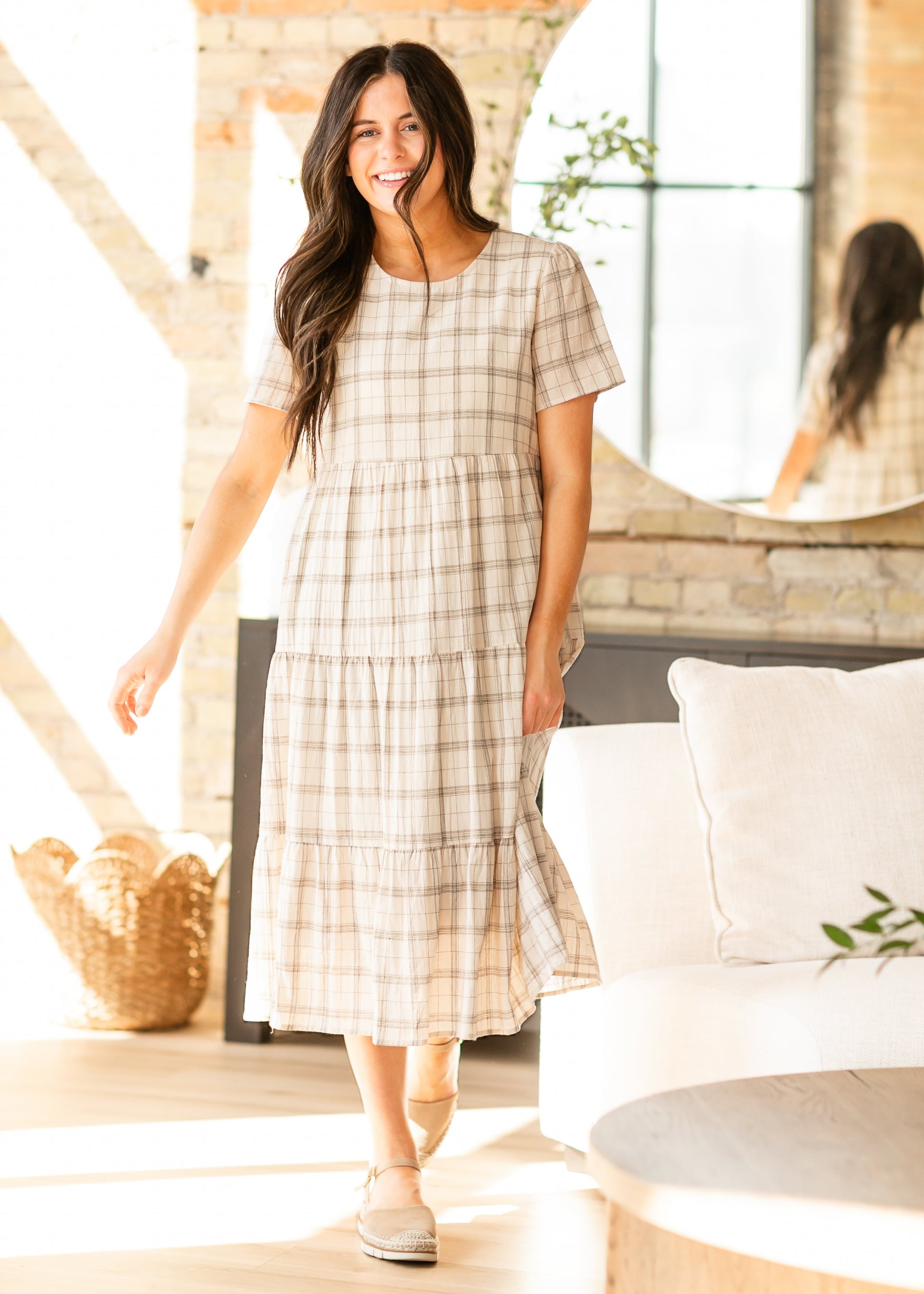 Plaid Tiered Short Sleeve Maxi Dress FF Dresses
