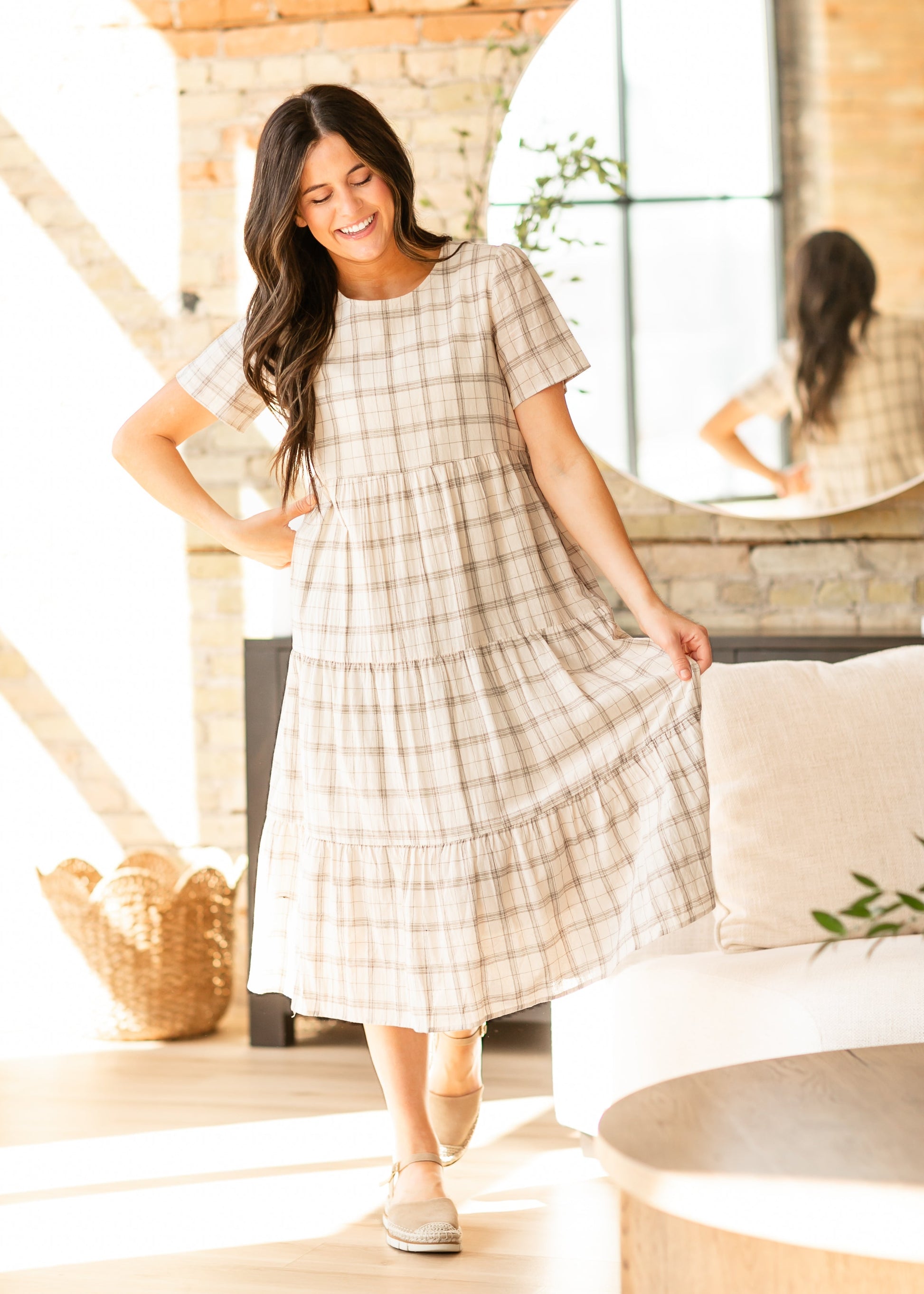 Plaid Tiered Short Sleeve Maxi Dress FF Dresses