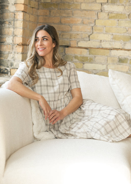 Plaid Tiered Short Sleeve Midi Dress FF Dresses