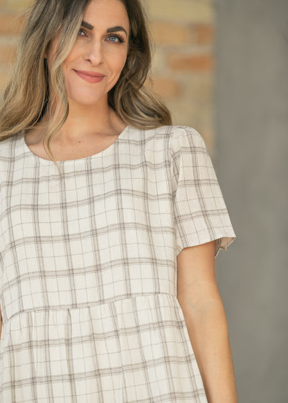 Plaid Tiered Short Sleeve Midi Dress FF Dresses