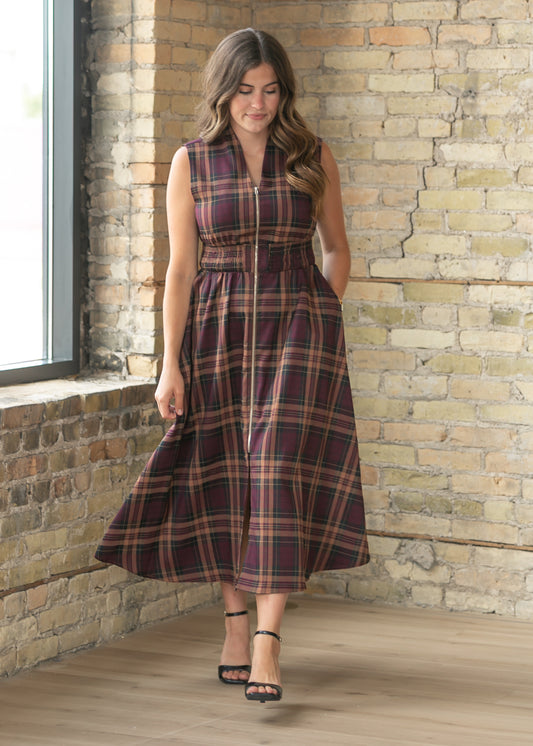 Plaid Zipper Front Maxi Dress FF Dresses