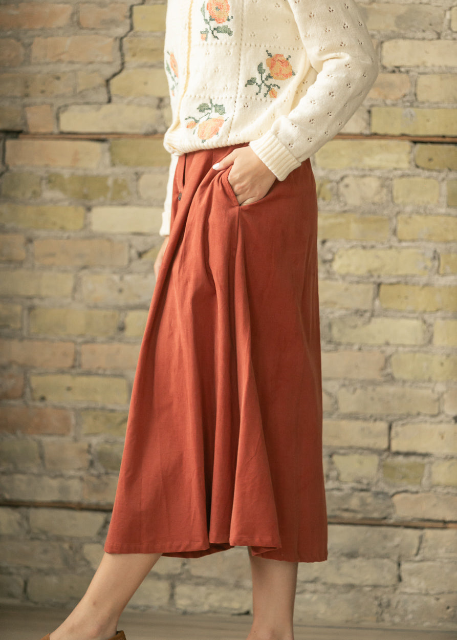 Pleated Button Front Corduroy Midi Skirt FF Skirts