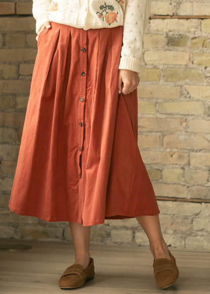 Pleated Button Front Corduroy Midi Skirt FF Skirts