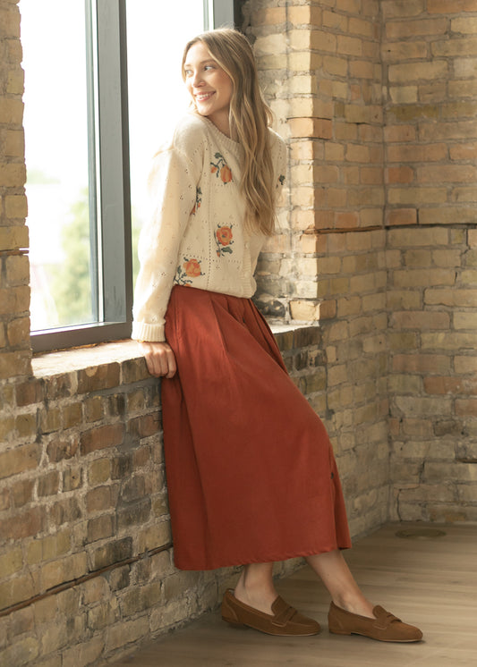 Pleated Button Front Corduroy Midi Skirt FF Skirts