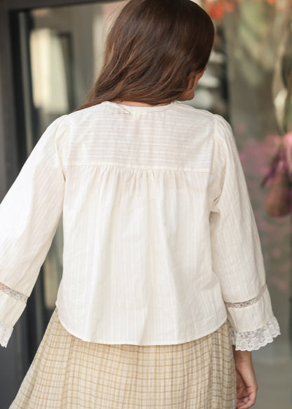 Pleated Long Sleeve Lace Trim Blouse FF Tops