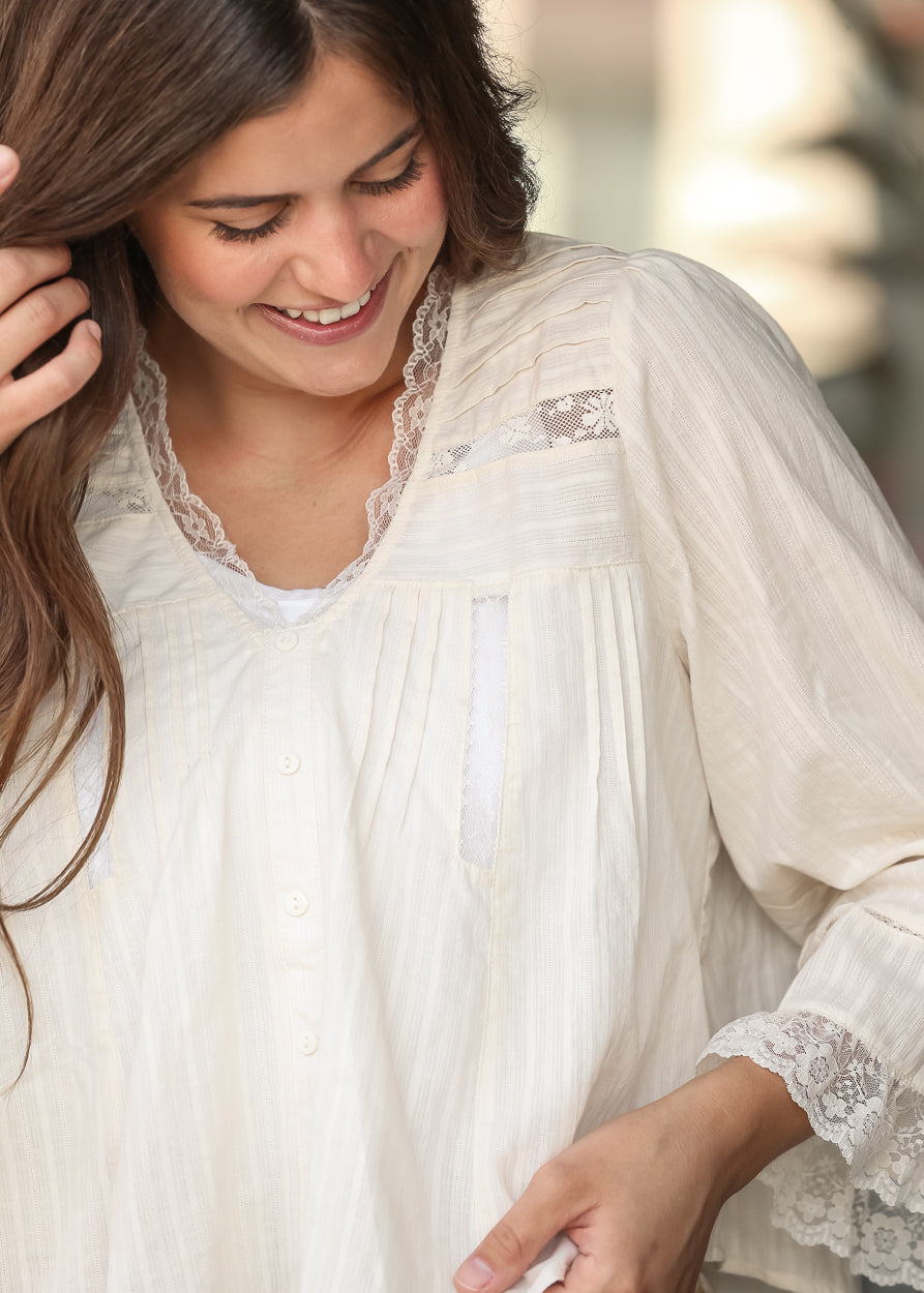 Pleated Long Sleeve Lace Trim Blouse FF Tops