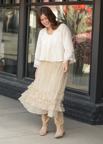 Pleated Long Sleeve Lace Trim Blouse FF Tops