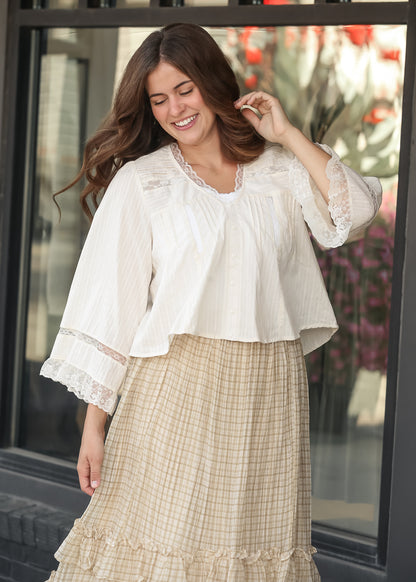 Pleated Long Sleeve Lace Trim Blouse FF Tops