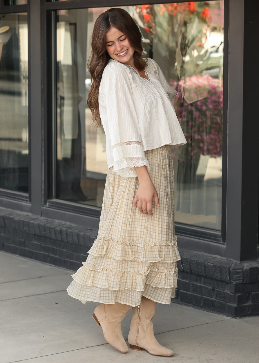 Pleated Long Sleeve Lace Trim Blouse FF Tops