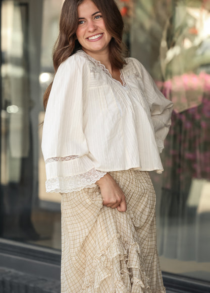 Pleated Long Sleeve Lace Trim Blouse FF Tops