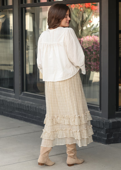Pleated Long Sleeve Lace Trim Blouse FF Tops