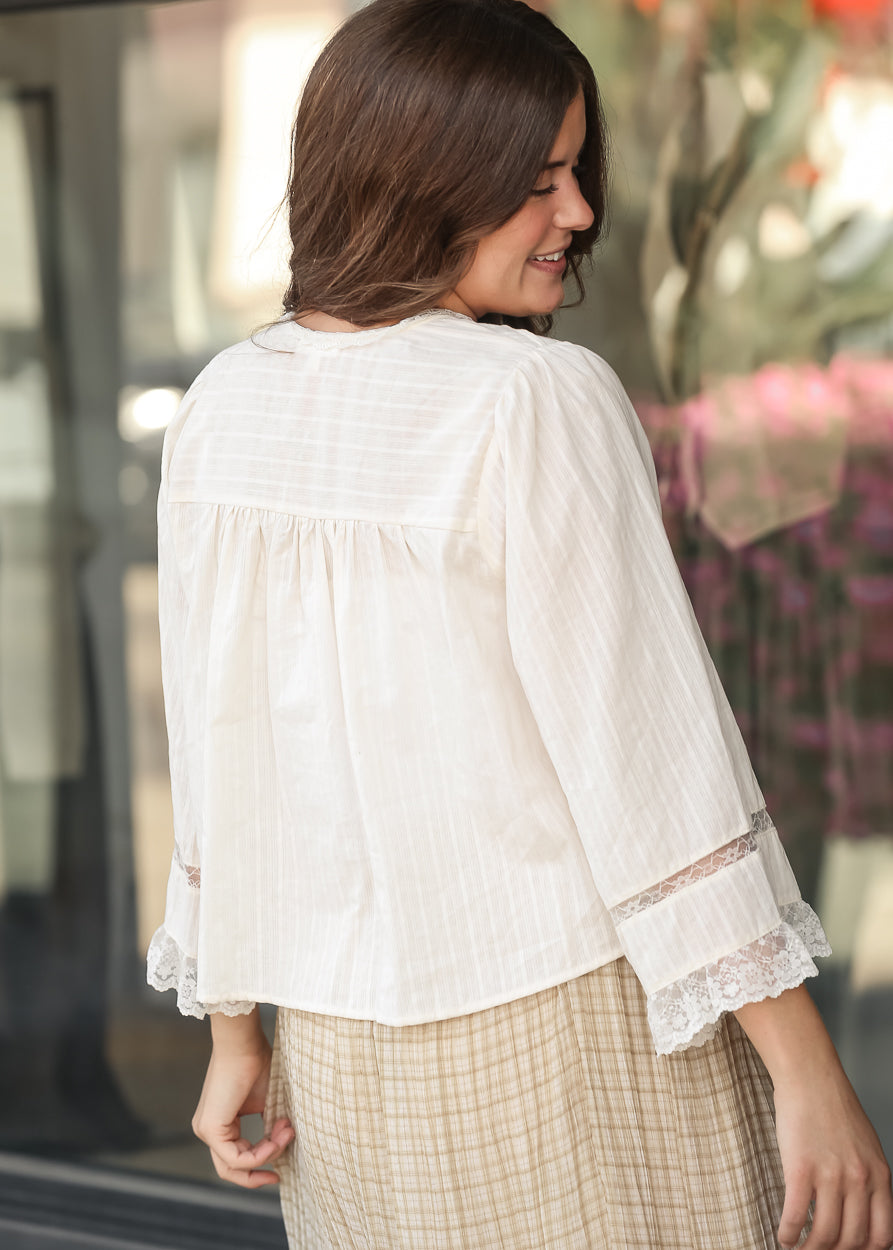 Pleated Long Sleeve Lace Trim Blouse FF Tops