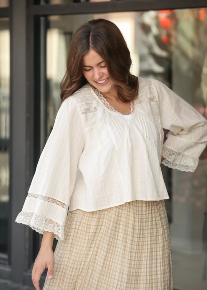 Pleated Long Sleeve Lace Trim Blouse FF Tops S