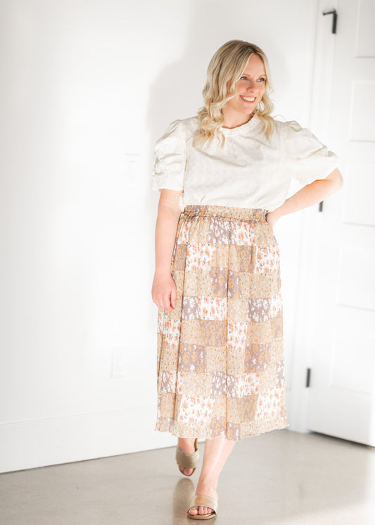 Pleated Patch Print Midi Skirt Skirts