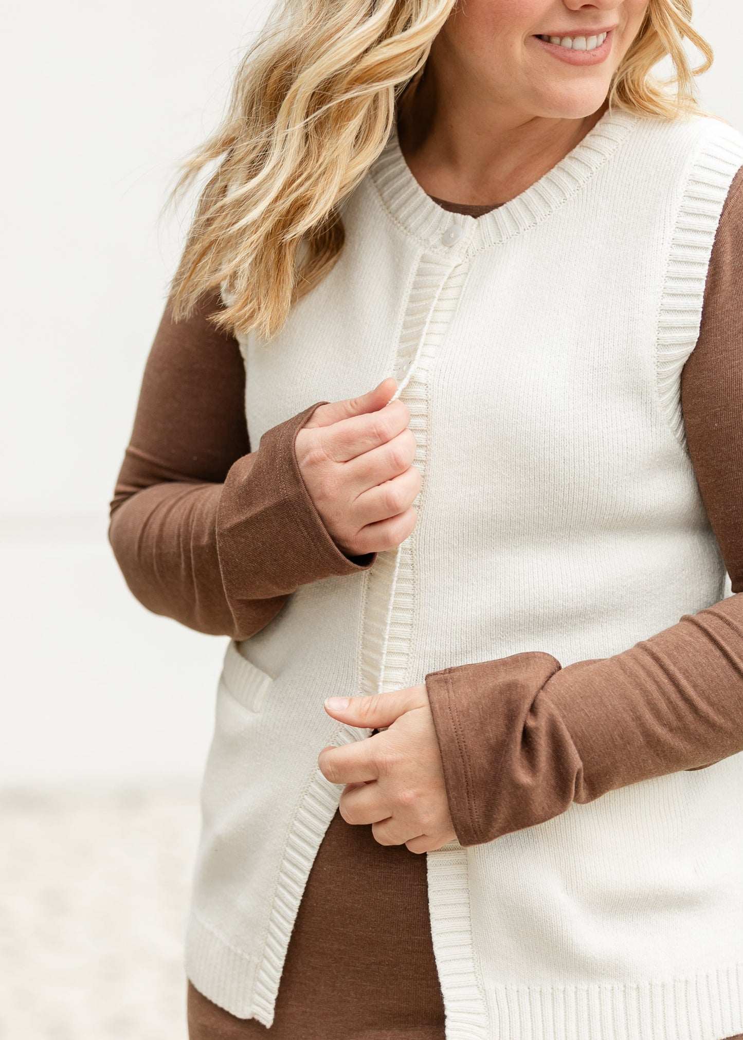 Pocket Front Button Down Knit Vest FF Layering Essentials